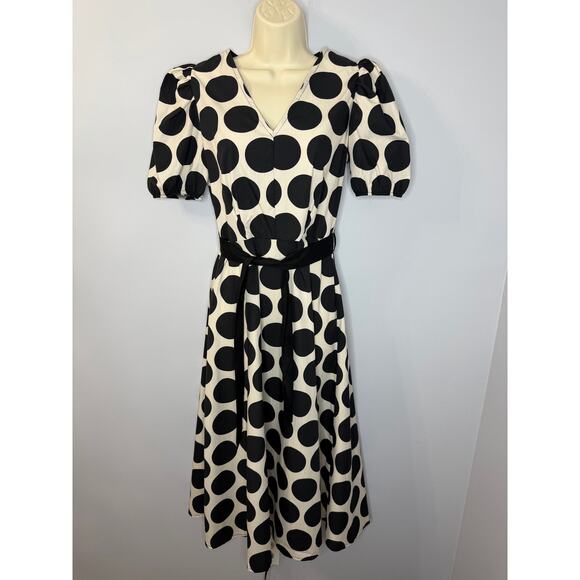 LUNA ALLEGRA V Neck Puff Sleeve Polka Dot Midi Dress Black White Sz S - Picture 2 of 13
